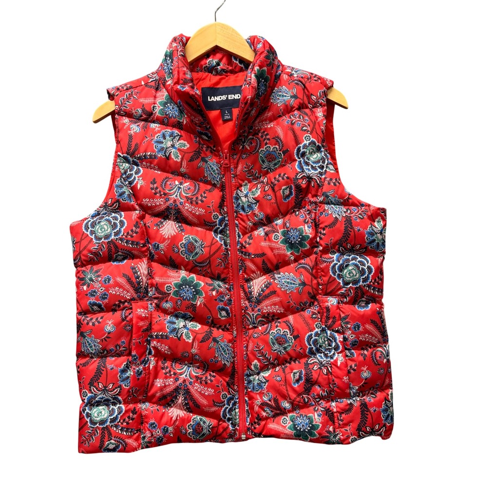 Lands' End Puffer Vest Womens Large Floral Red Quilted Outerwear Full Zip Jacket